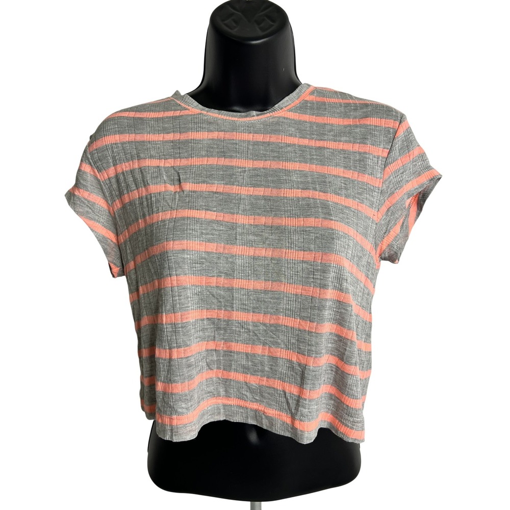 Splendid Shirt Womens XS Gray Pink Striped Cropped Short Sleeve Lightweight USA